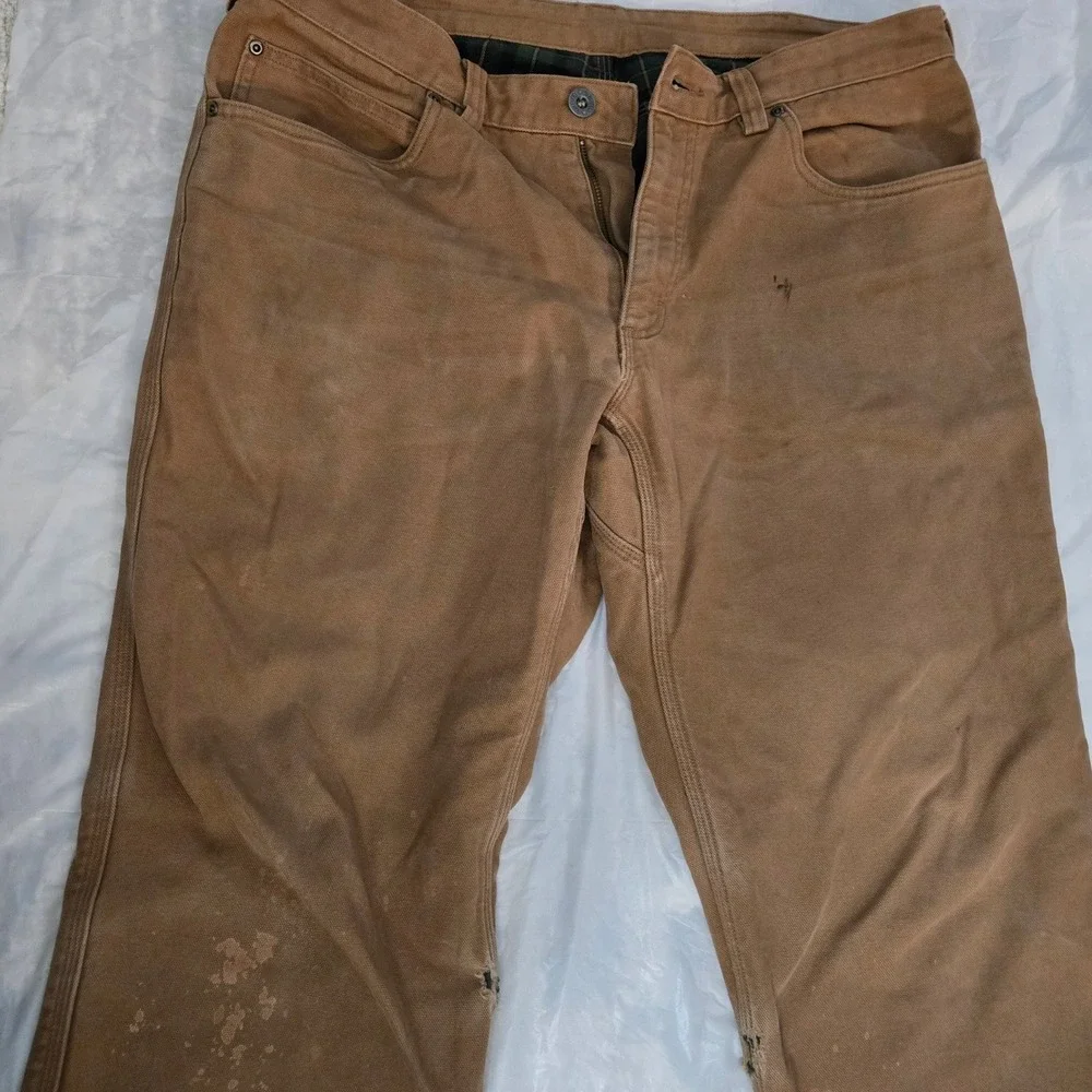 Duluth Trading Co Fire Hose Flannel Lined Work Pants 38x30 Brown Canvas Plaid